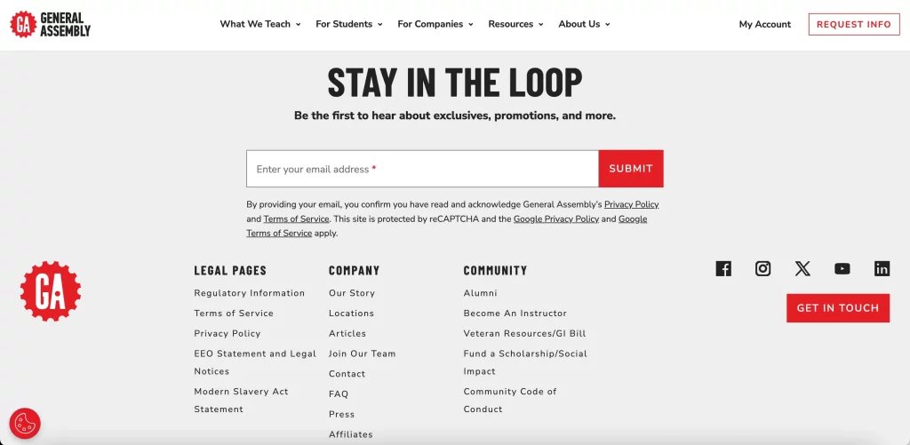 Newsletter signup form for General Assembly featuring 'Stay in the Loop' tagline, email input field, and a submit button.