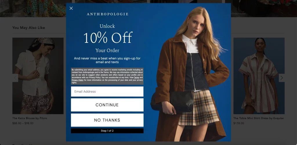 A newsletter signup form from Anthropologie offering a 10% discount on orders, featuring a model in stylish clothing against a blue background.