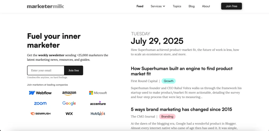 Homepage of Marketermilk showcasing a newsletter signup form, featuring a call to action to join the weekly newsletter and a list of reputable companies that subscribe.