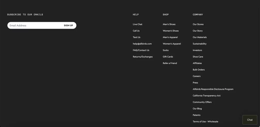 Newsletter signup form from Allbirds, featuring a minimalist design with an input field for email address and a 'SIGN UP' button.