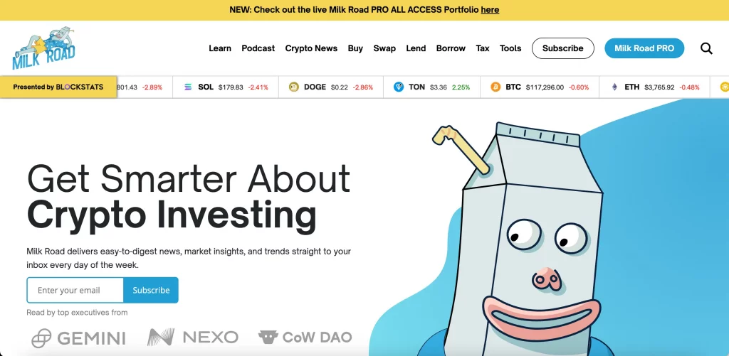 Milk Road homepage showcasing a newsletter signup section with a playful milk carton character and a clear call to action to subscribe for crypto insights.