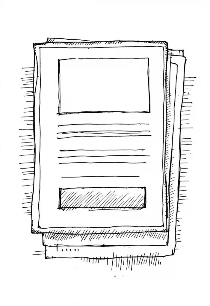 A hand-drawn illustration of several stacked papers with empty sections indicating fields for newsletter sign-up. The design is minimalist and focused on the layout of the form.