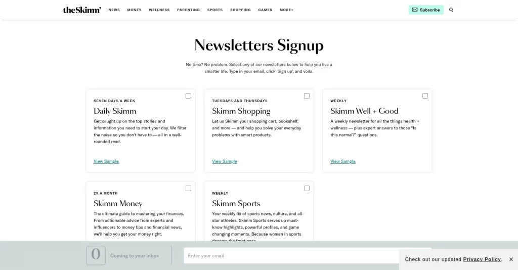 Newsletter signup form from theSkimm featuring various newsletter options with brief descriptions and a user-friendly design.
