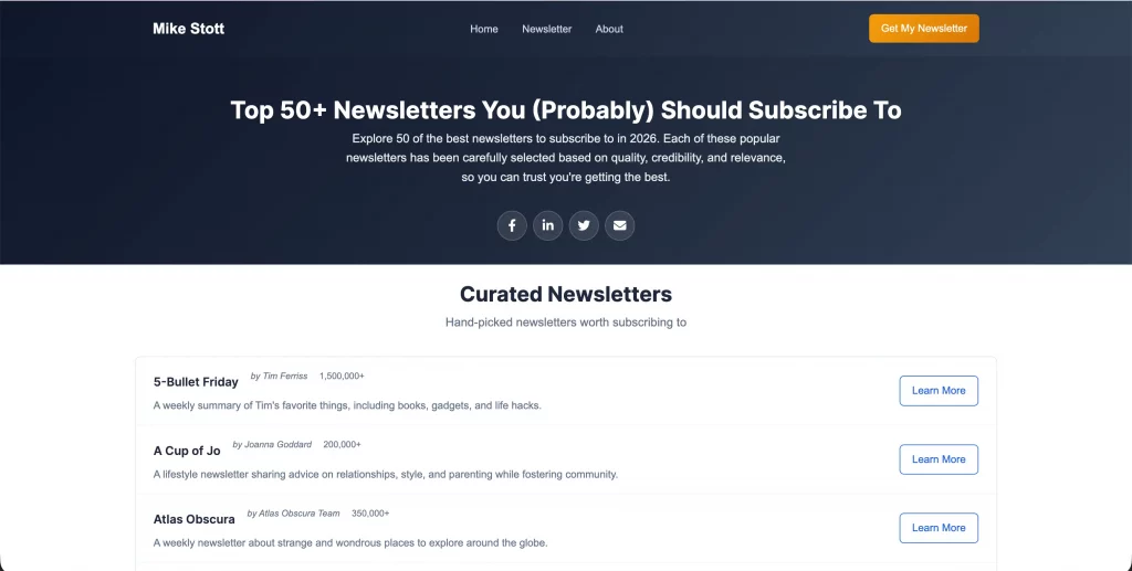 Website header featuring the title 'Top 50+ Newsletters You (Probably) Should Subscribe To' by Mike Stott, with a list of curated newsletters, including brief descriptions and links to learn more.