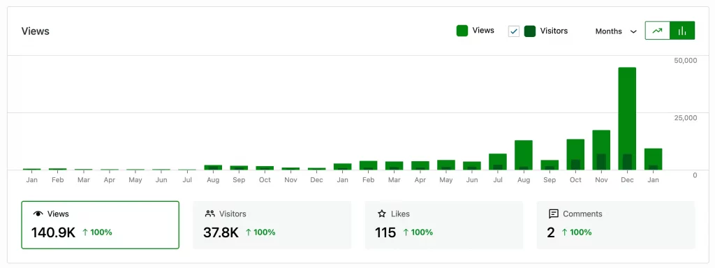 A graphical representation of website analytics showing total views, visitors, likes, and comments over the months of a year, with notable spikes in late months.